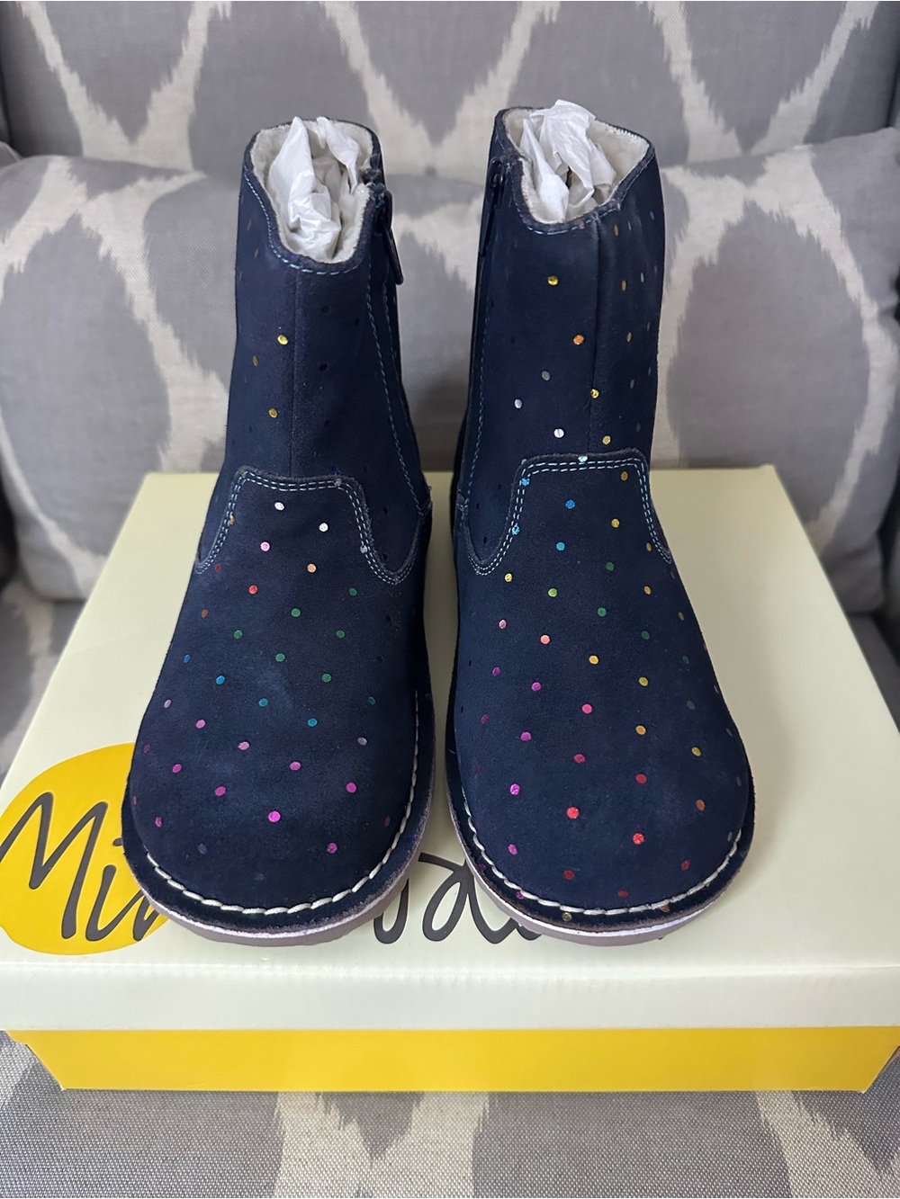 Girls Mini Boden Navy Cosy Short Leather Boots with Rainbow Polka Dots Sz 1 🌈